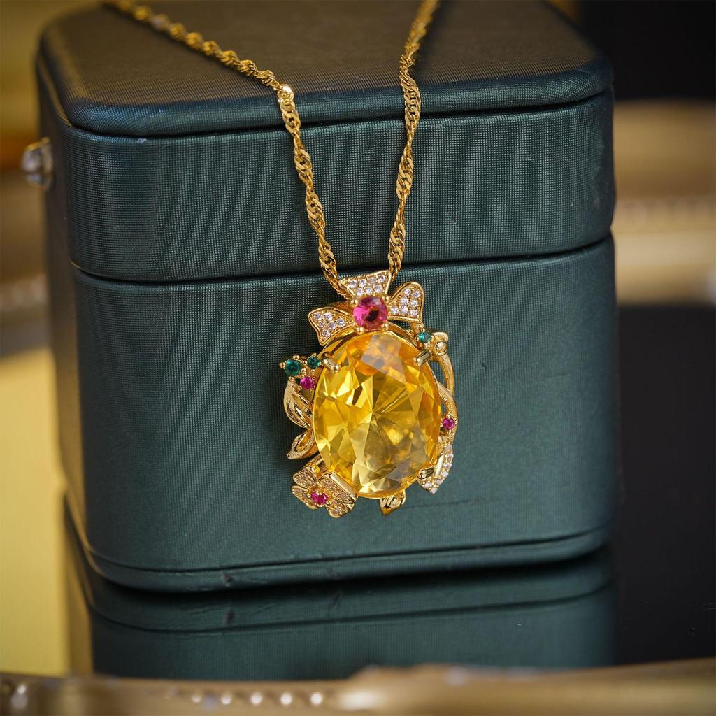 18K Gold Plated Yellow Crystal & Purple Tourmaline Pendant Ring Necklace with Colorful Gemstones.