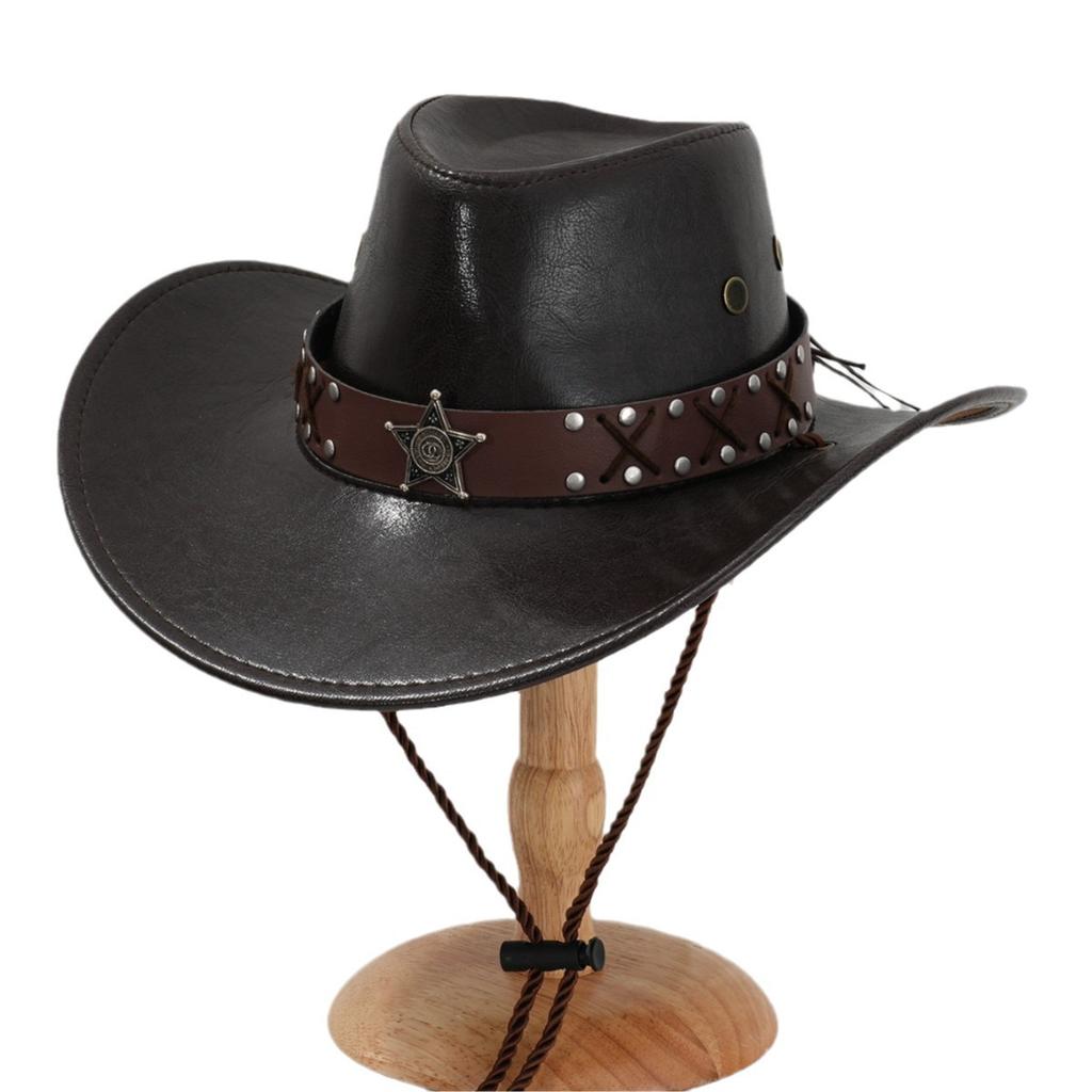 Men's and Women's Western PU Leather Denim Hats, Personalized Metal Woven Stars, Rivets, Accessories, Belts, Suitable for Mountain Climbing Trips