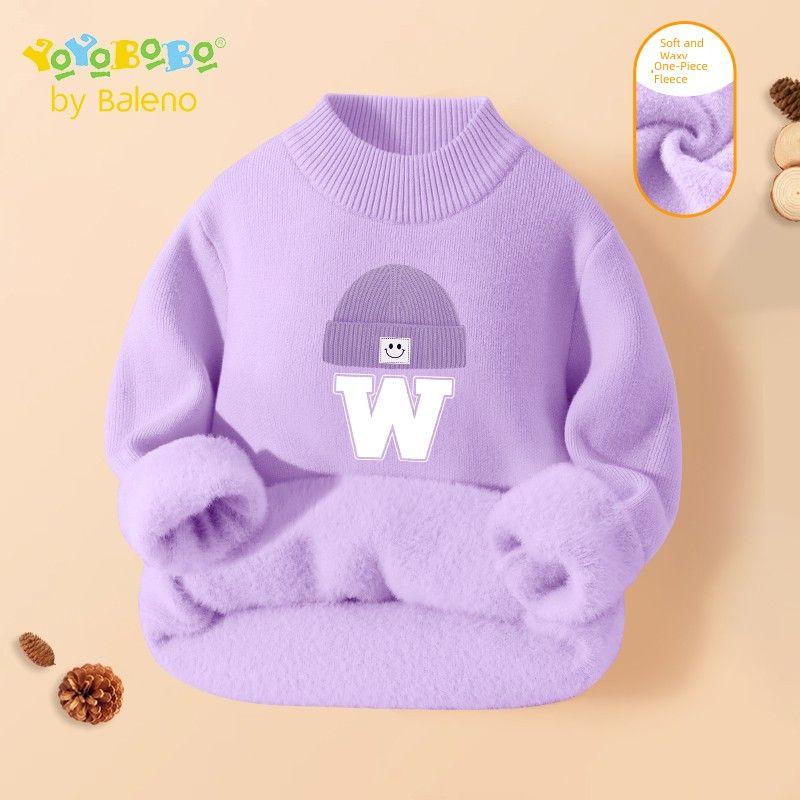 Baleno Ybb Series Girls  Sweaters, Kidsren s Autumn and Winter Fleece-Lined Knitwears, 2025 New Style Little Girls  Winter Clothing Light Purple#Yb Purple Hat 140