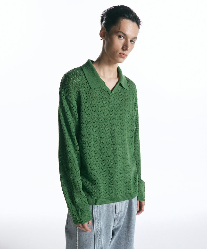 INSILENCE Open Collar Knit Green