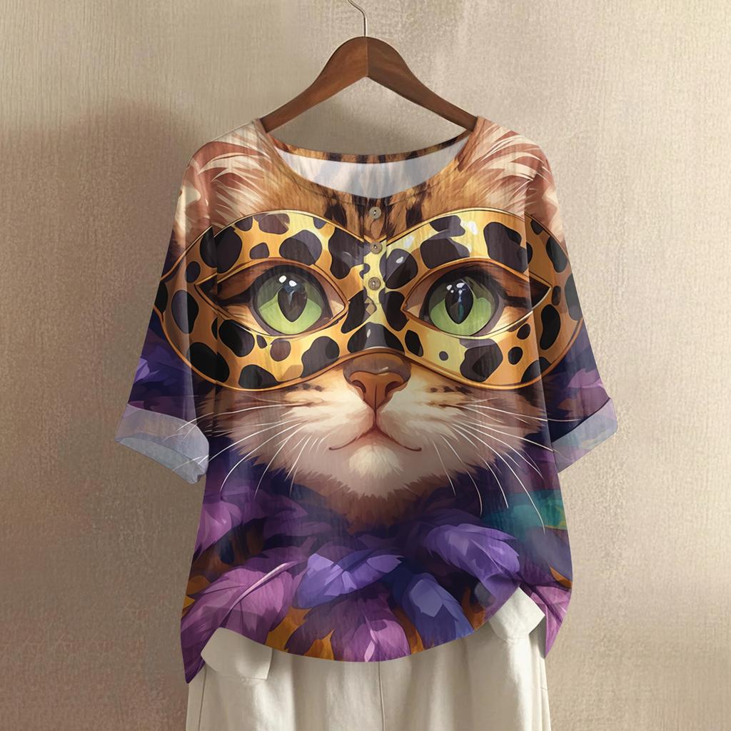 Women's Casual And Comfortable Mid-Length Round-Neck Fashion Print Cotton-Linen Top