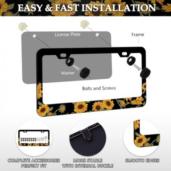 License Plate Frame - 2PCS Yellow Flower License Plate Holder-Sunflower