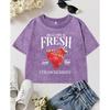 Healthy Fresh Strawberries Print Washed Slim T-Shirt Women Vintage Y2K T Shirts O-Neck Cool Clothes Short Sleeve