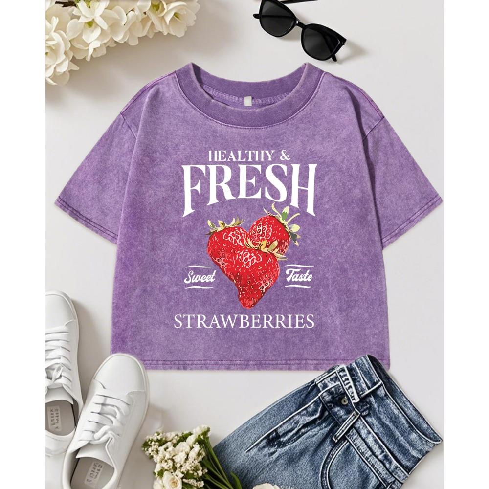 Healthy Fresh Strawberries Print Washed Slim T-Shirt Women Vintage Y2K T Shirts O-Neck Cool Clothes Short Sleeve