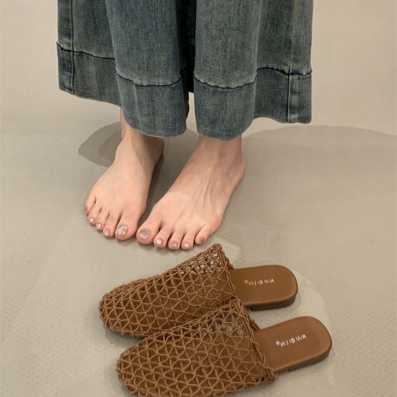 Retro neue Mesh hohle atmungsaktive kühle Hausschuhe Fischernetz gewebte Tasche Kopf halber Schlepp flache Muleschuhe Römersandalen