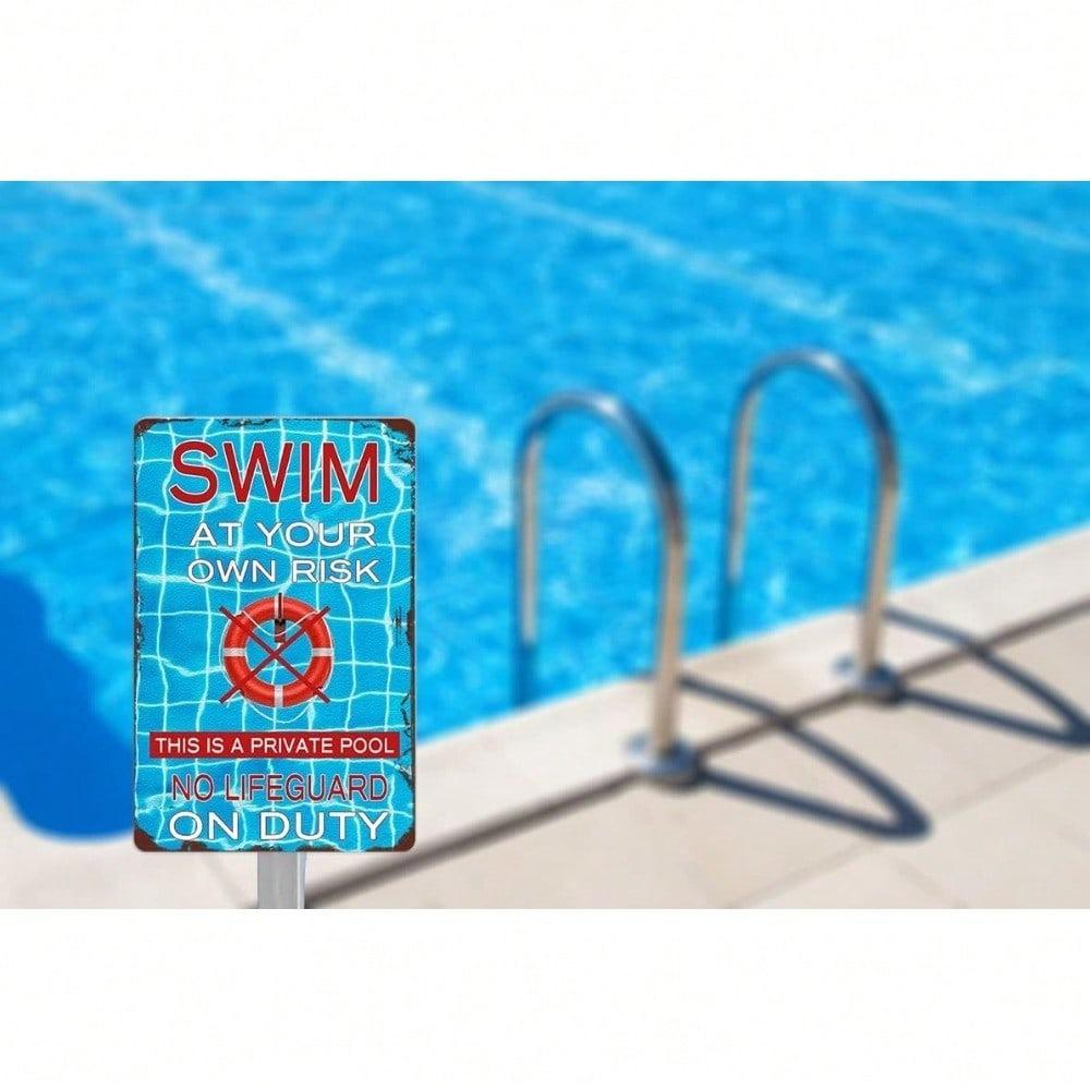 Warning Swimming Pool Swim At Your Own Risk, Retro Metal Tin Sign for Wall Garage