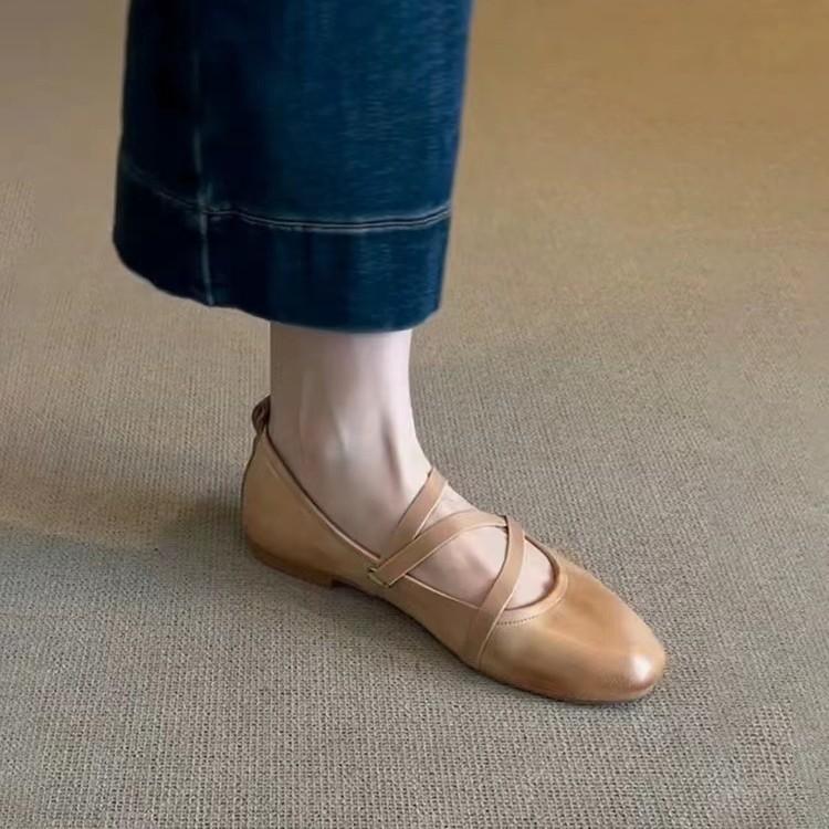 Sheepskin Version~ Leather Retro Cross-strap Mary Jane Shoes Flat Single Shoes Women's Round Head Shallow Mouth Ballet Shoes