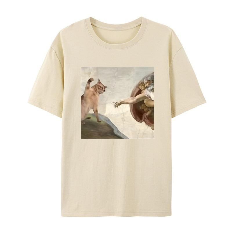 Mythical Oil Painting Cat Funny Fun White Casual Tshirt Mens and Womens Luxury Brand Top