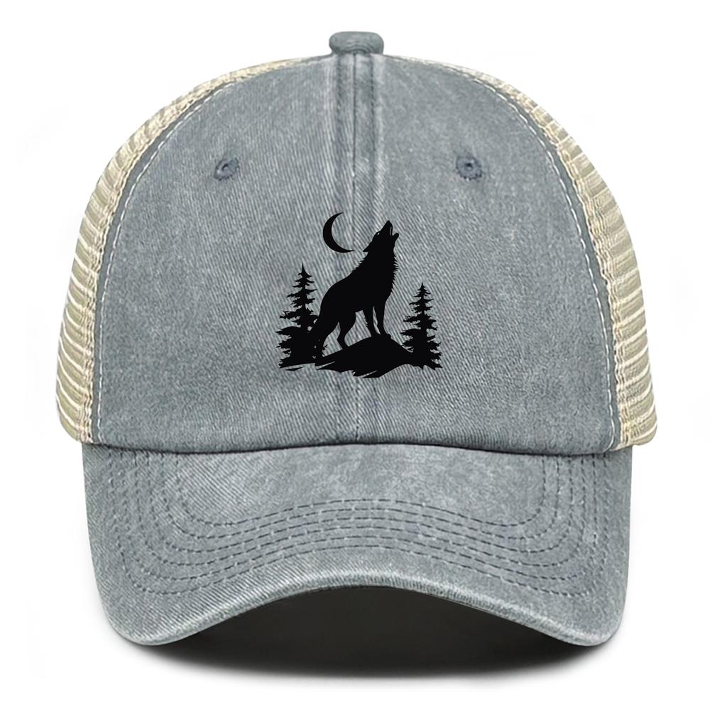 Howling Wolf Snapback Mesh Cap Forest Wolf Trucker Cap Solid Color Non-Stretch Fabric Adjustable Baseball Hat For Women & Men