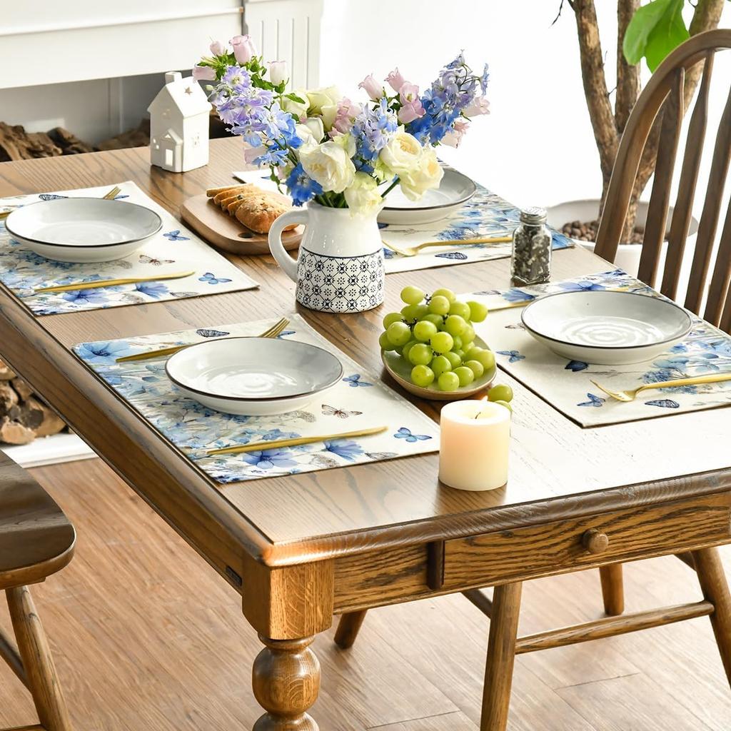 4Pcs, Hydrangea Wildflower Placemats, Washable, Suitable for Holiday Parties, Home Decor, Kitchen Tables, Rectangular Dining Rooms