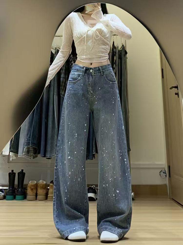 Women's High-Waist Starry Denim Pants - Slim, Loose, Versatile Design for Spring & Autumn