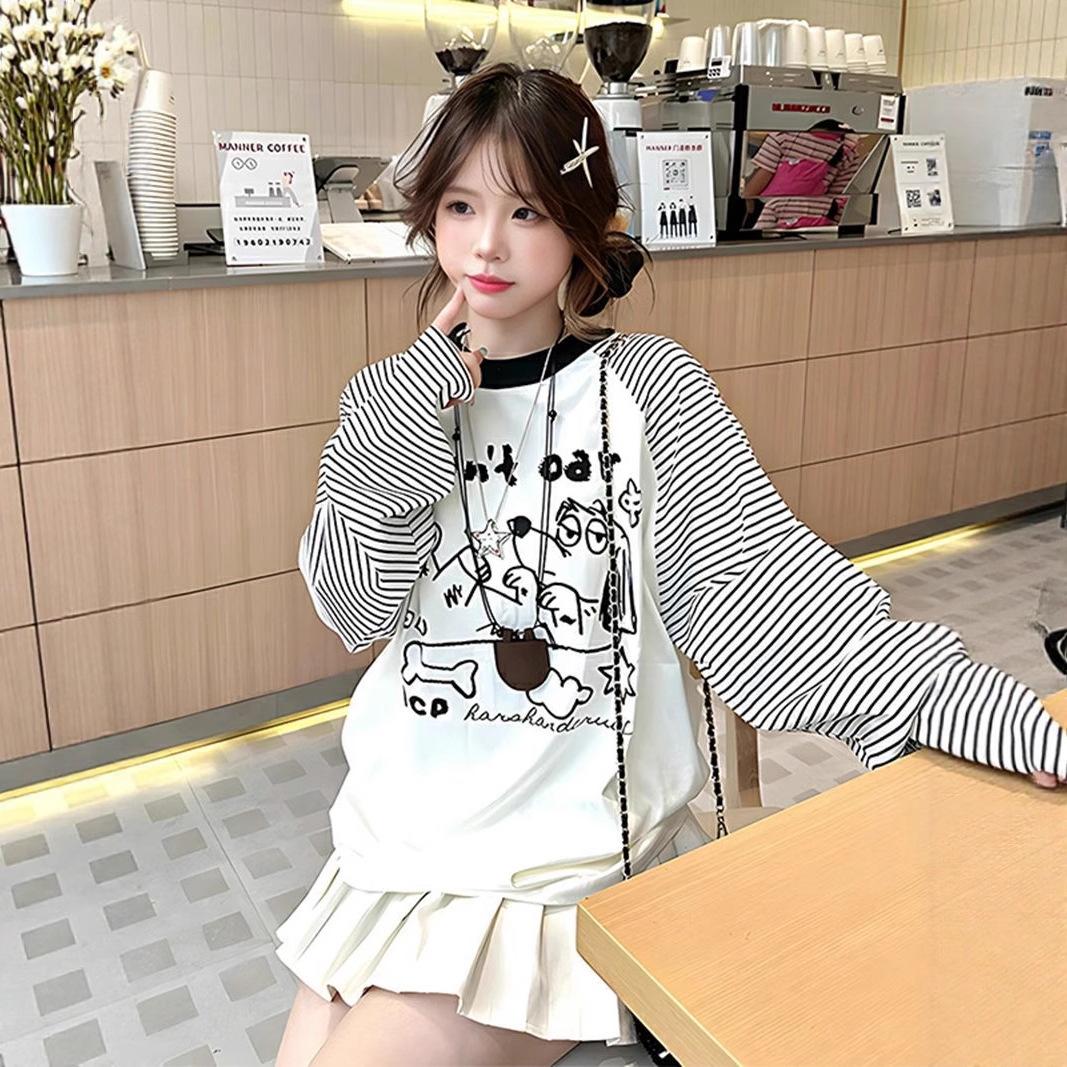 Striped shoulder-plugged long-sleeved T-shirt women s new spring and autumn loose early autumn Korean chic chic top m [recommended 40-50kg ]