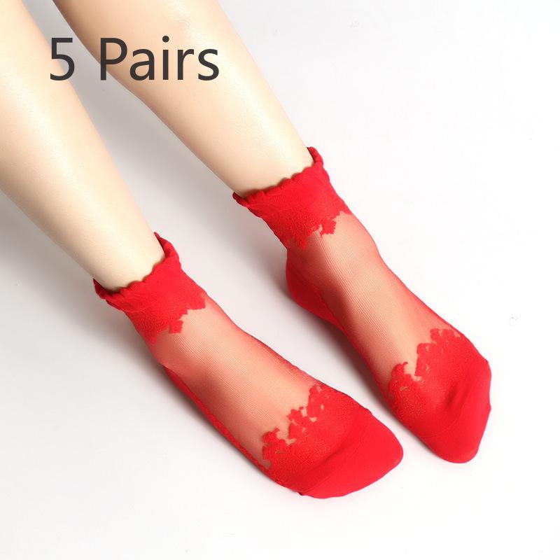 5 Pairs of Women's Spring Thin Mid Cylinder Cotton Sole Lace Lace Socks