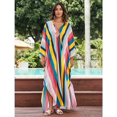 Plus Size Boho Cover Up, Women's Colorful Striped Print Braided Chinese Knot V Neck Maxi Side Split Beach Kaftan Dress