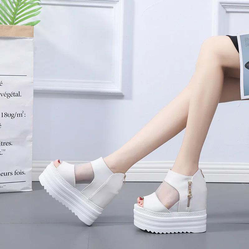 Fashion Women Platform Shoes Summer  New Fish Mouth Sandals Women Retro Platform Mesh Shoe High Heeled Sandals All Match Roman Shoe