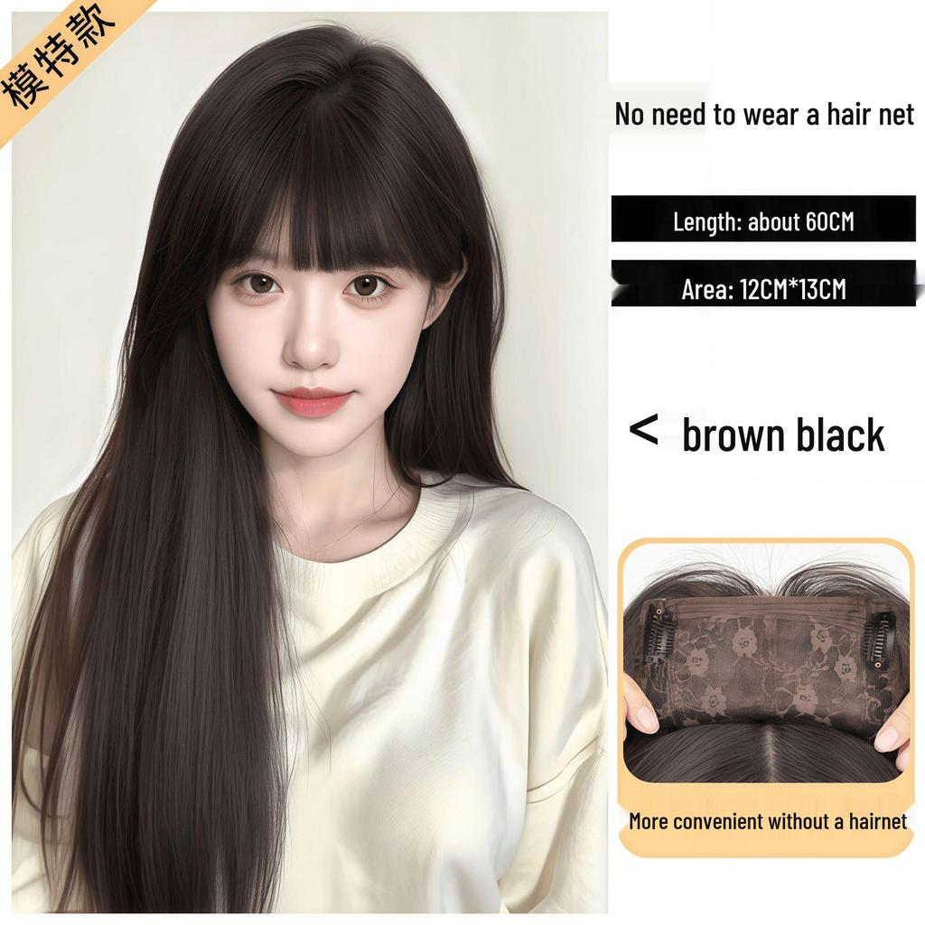 Natural Black Long Straight Wig with Bangs - Invisible Seamless Fit, Free Shipping