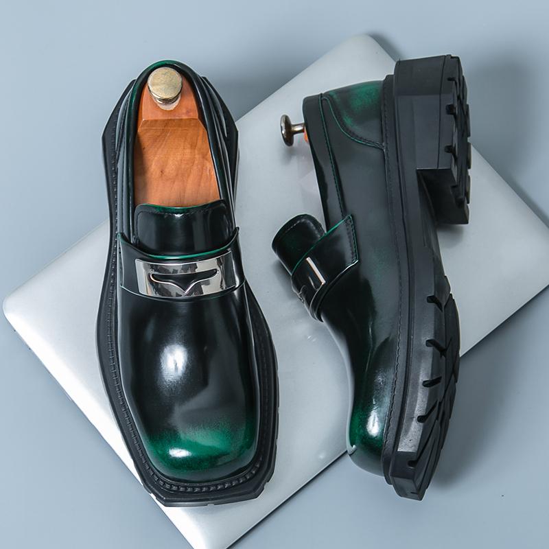 Fashion Thick Bottom PU Leather Men Green Loafers Wedding Party Male Formal Dress Footwear Office Business Casual Shoes Walking Shoes
