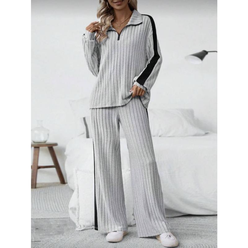 Women Ribbed Knit 2 Piece Outfit Half Zip Long Sleeve Top And Wide Leg Pants Set