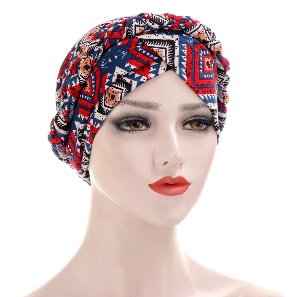 Women Muslim Flower Print Braid Bonnet Hat Hair Loss Head Wrap Hijab Cancer Cap Turban Headscarf Arab Cover Banadana Islamic New