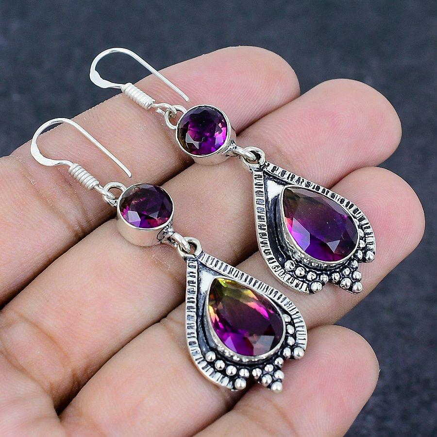 Natural Bi-Color Tourmaline, Amethyst 925 Sterling Silver Earring 2.29" h3B58