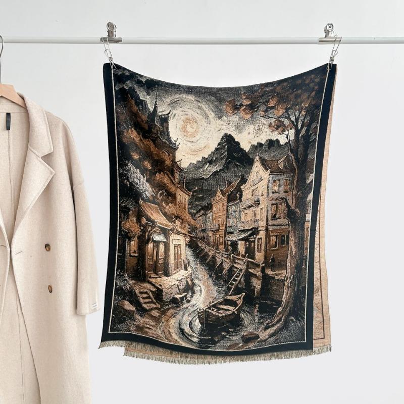 Sense of design Water town literary style retro thickened oil painting scarf Women's imitation cashmere light luxury dual-purpose scarf Shawl