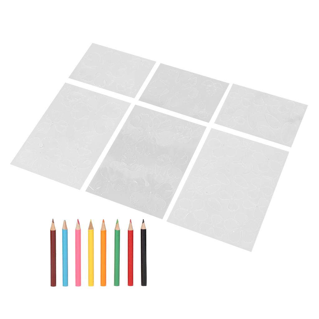 6 Sheet Flower Heat Shrink Paper with 8 Color Pencils Pre Cut Two Sides DIY BOPS Shrink Film Paper for Beginner