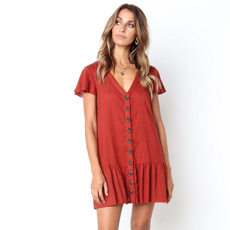 

Solid Loose V-neck Button Dress for Women Pure Color Loose V Neck Dress Female Brick Red M