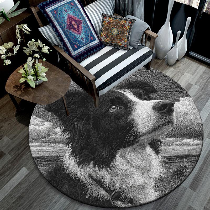 Border Collie Runder Teppich, Teppich für Wohnzimmer Schlafzimmer Sofa Spielzimmer Dekoration, Rutschfeste Bodenmatte