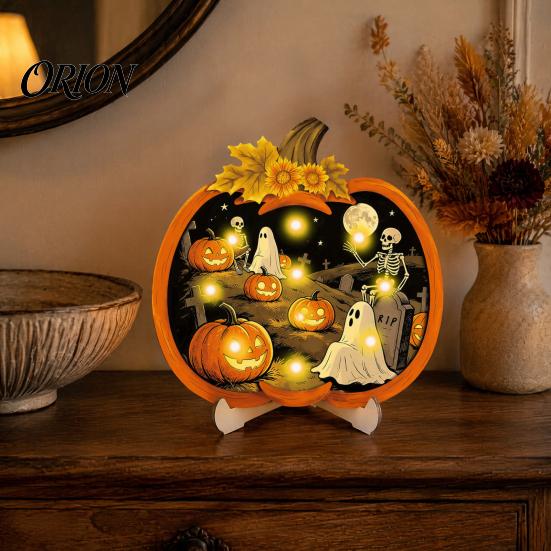 Dark Academia Room Decor Halloween Wooden Pumpkin Sign, LED Light Up Ghost Hanging Gothic Home Accessories Wall Sign for Indoor Outdoor Holiday Party