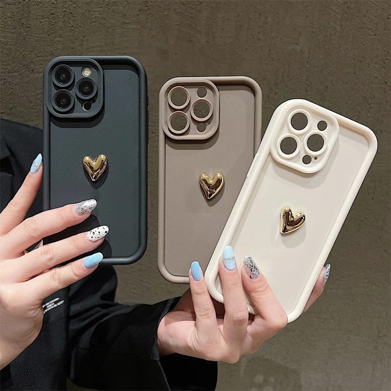 Gold Heart Matte Phone Case for iPhone 14/13/16 Pro Max - Full Wrap, Soft, 3D Electroplated Design