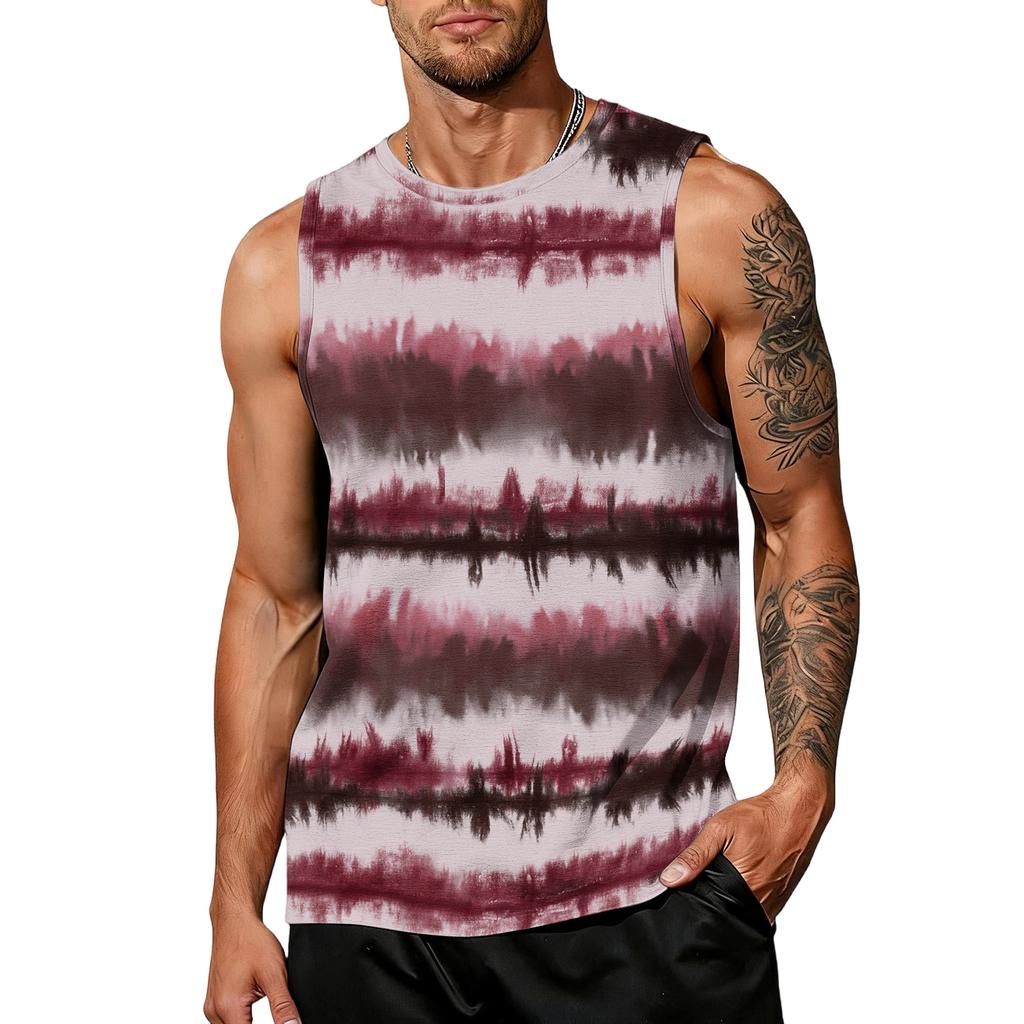 Mens Sleeveless Tie Dye Print Tank Top Crew Neck Casual Loose Fit Muscle Shirt for Summer Gym Workout Beachwear