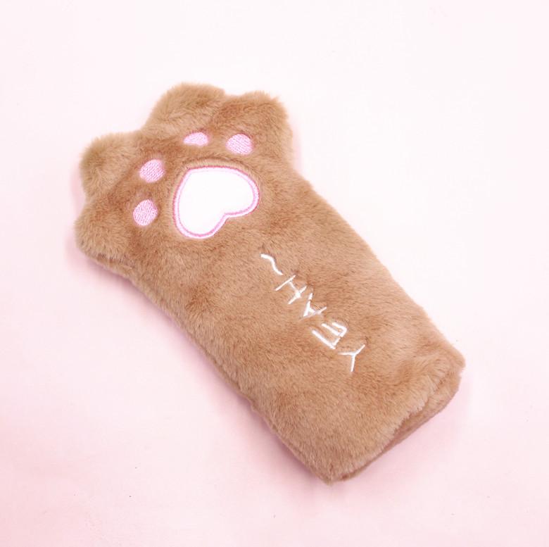 Korean Style Cute Cat Paw Plush Pencil Case - Large Capacity Stationery Bag for Students кофейный
