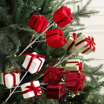 45cm Christmas Gift Box Branches Handmade Realistic Christmas Velvet Stem Flower Arrangement Decorative Foam Hanging Gift Box