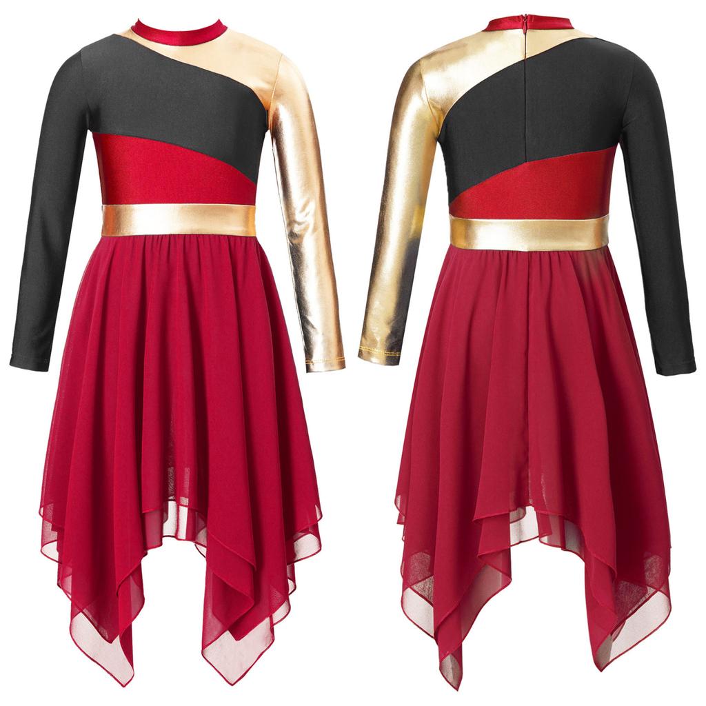Kids Girls Praise Lyrical Dance Dress Long Sleeve Asymmetrical Chiffon Hem Contrast Dress Dancing Costumes