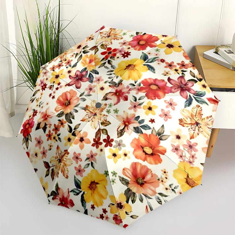 1pc Floral Pattern Automatic Umbrella - Stylish, Durable, with 8-Rib Manual Open Design, Elegant Black Handleyy250920115
