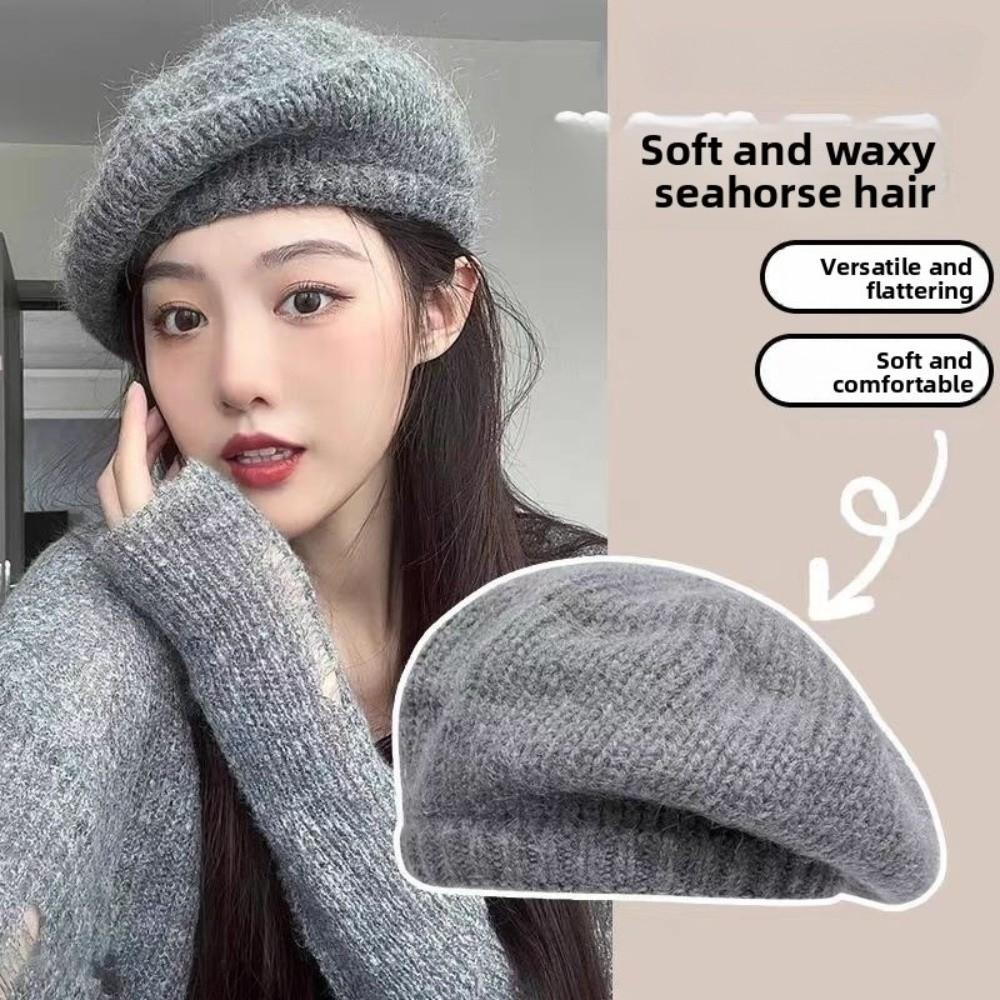 Personality Mohair Knitted Beret Hat Solid Color Harajuku Wool Painter Hat Warm Fluffy Knitted Octagonal Cap Streetwear