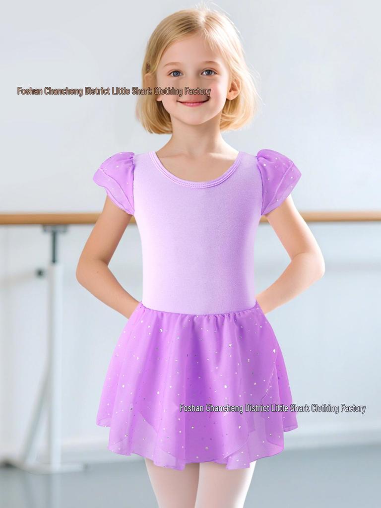 Dětské šifonové taneční šaty s flitry a křížovým zadním dílem pro balet a gymnastiku