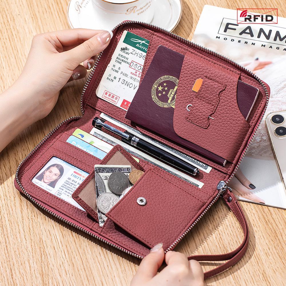 Women's Anti-Theft Multi-Functional Genuine Leather Passport Holder: Large Capacity for Tickets, Passports, and Documents.