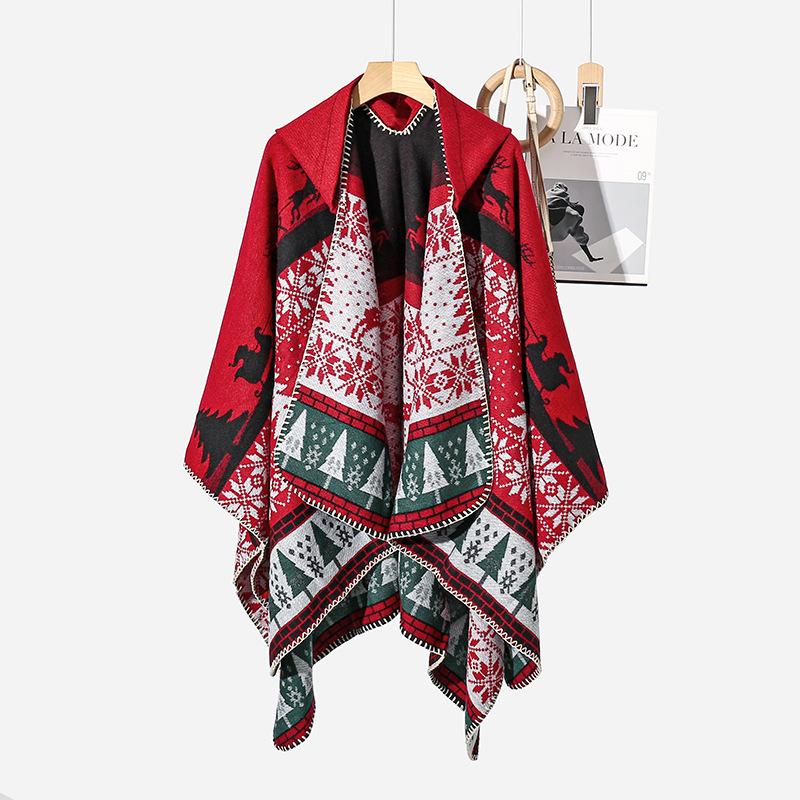 Winter Women Men Scarf Layers Poncho Hooded Retro Print Wraps Shawl Scarve Capa Para Mujer Pashmina Cloak New Unisex Christmas
