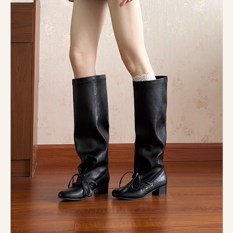 

French retro round head strap stacking boots women s 2025 autumn and winter thin pleated versatile thick heel high boots pant tube boots 35