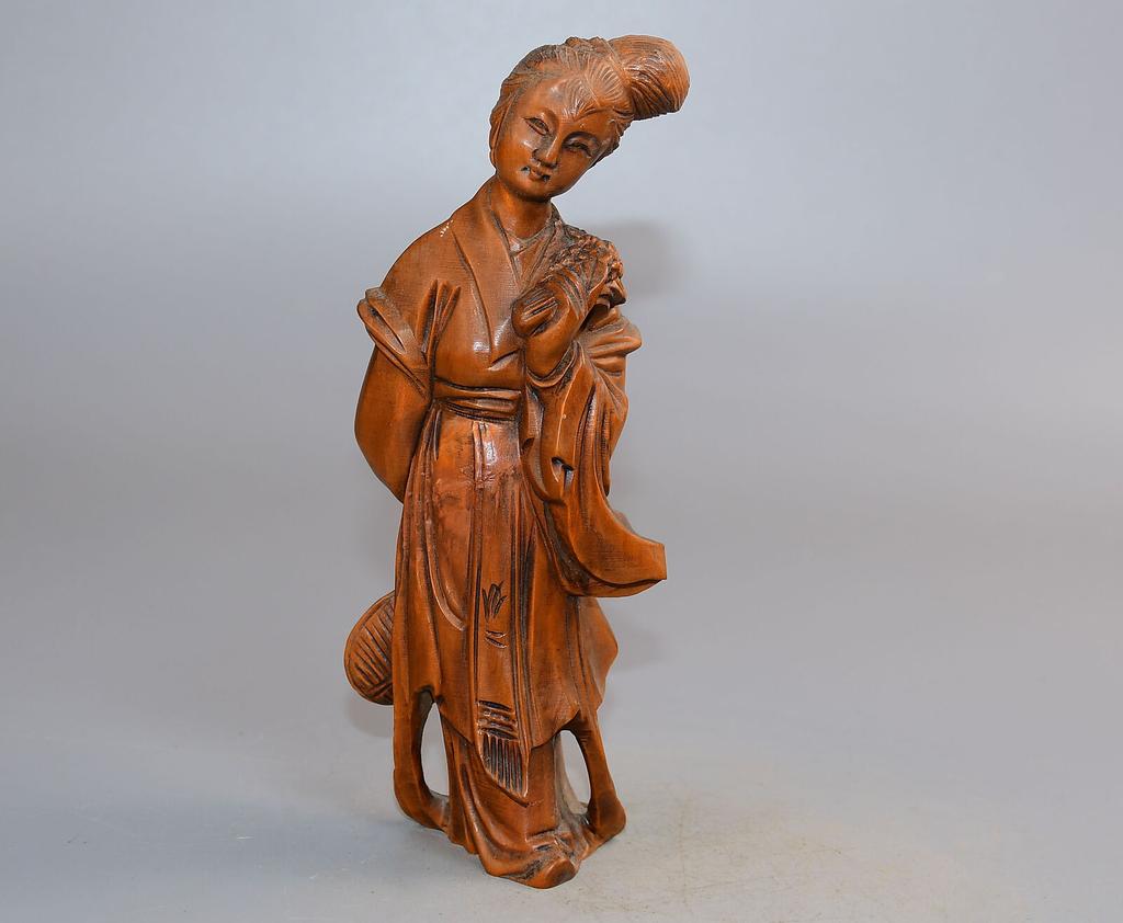 Chinese Antique Boxwood Carved Beautiful Woman Statue Sculpture Home Decor Art