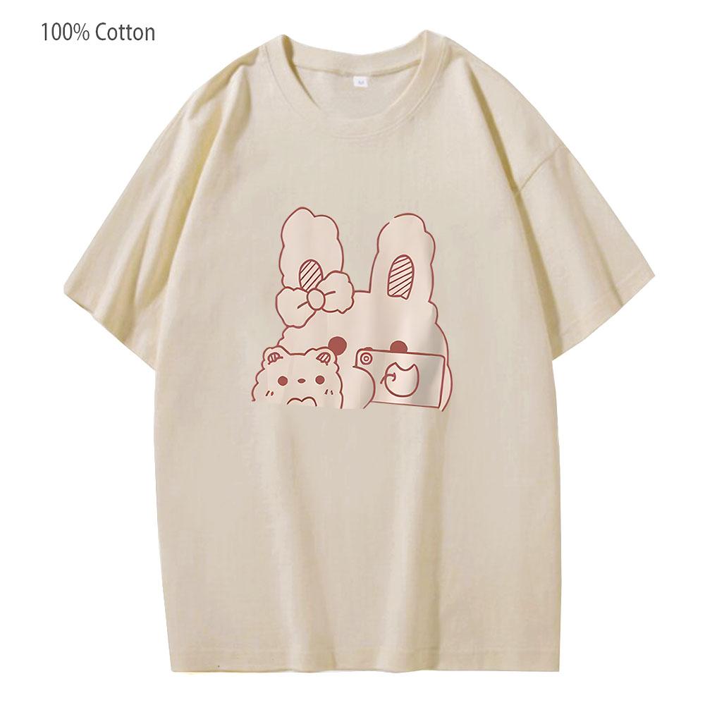 Rabbit T-Shirts Kawaii Cute Anime Tshirt Men Women Casual Harajuku 100%Cotton Summer Clothes White T Shirt Girls Top