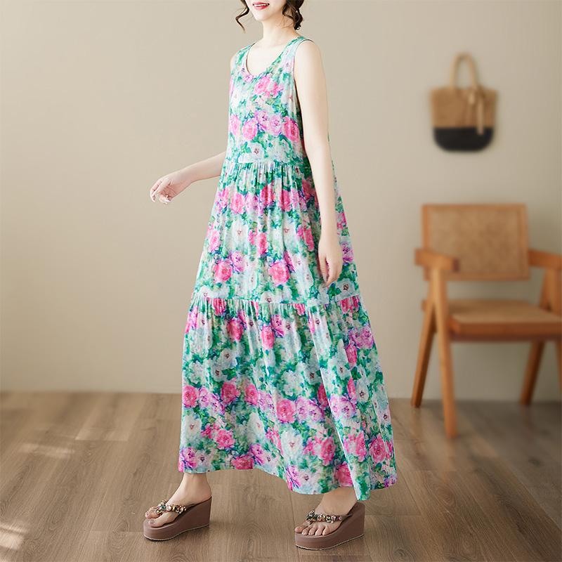 DIMANAF Plus Size Dress Summer Women Vintage Linen Elegant Style Sleeveless Floral Loose New Long Dress 8021