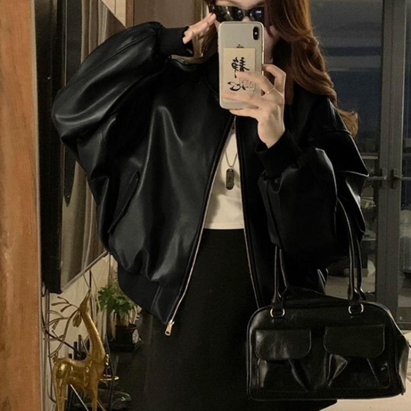 Black Retro Silhouette Leather Jacket Leather Jacket Women's Spring New Sweet Cool Style Locomotive Suit Baseball Jacket Top Trendy
