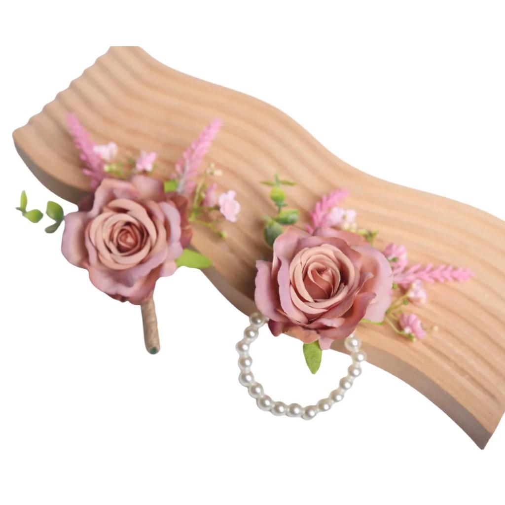 6pcs Rustic Artificial Rose Boutonniere Corsage Set Dusty Rose White Wristband Prom Suit Flowers for Wedding Ceremony
