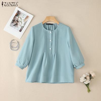 Blusa Casual Feminina de Manga 3/4 e Cor Sólida com Decote Redondo