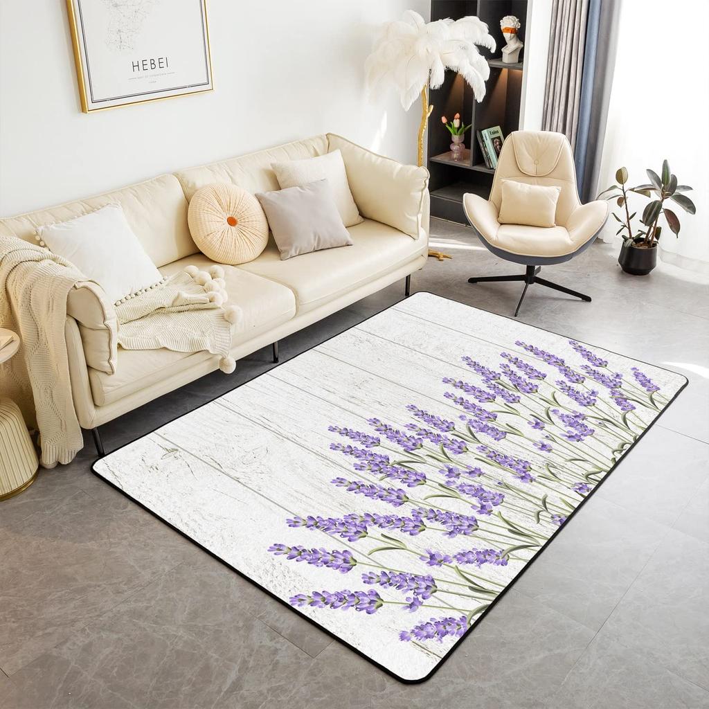 Purple Flowers Rug Watercolor Lavender Carpet Romantic Floral Doormat for Girls Teen,Wild Country Style Garden Flower Floor Mat