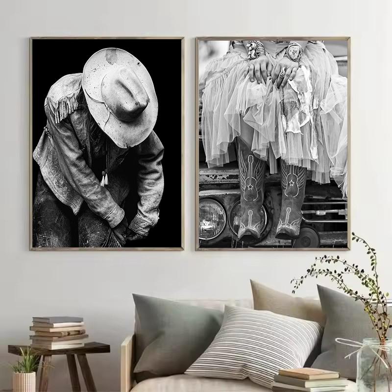 Retro Černobílý Divoký Západ Kovbojské Kovbojky Módní Fotografie Plakát Plátno Malba Nástěnné Umění Obrázky Domácí Dekorace