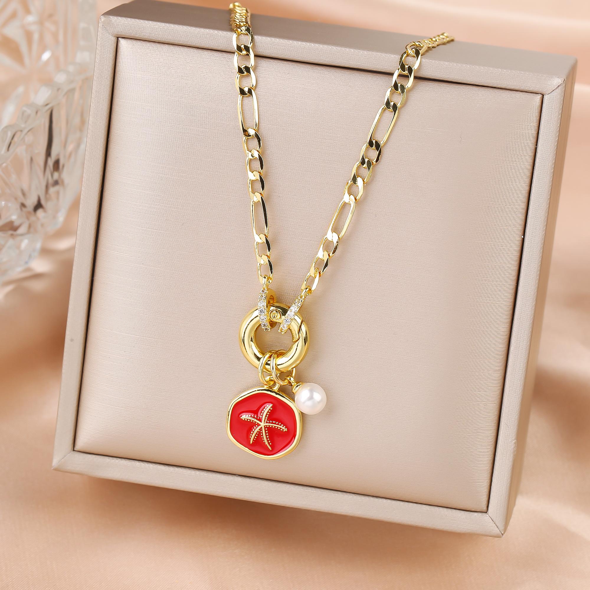 

Classic Summer Round Starfish Necklace Choker Simple For Woman Girl Collarbone Chain New Fashion Ocean Zircon Birthday Gift красный