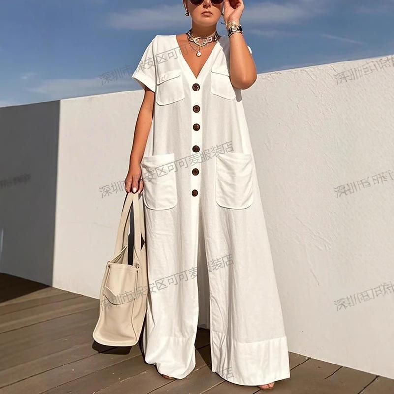 Summer Single-breasted Women's Jumpsuits Fashion Pocket Elegant Office Rompers Casual Loose Oversized Women Jumpsuit
